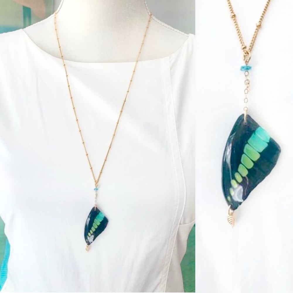 Rainbow Blue Butterly Pendant 14k Gold Necklace